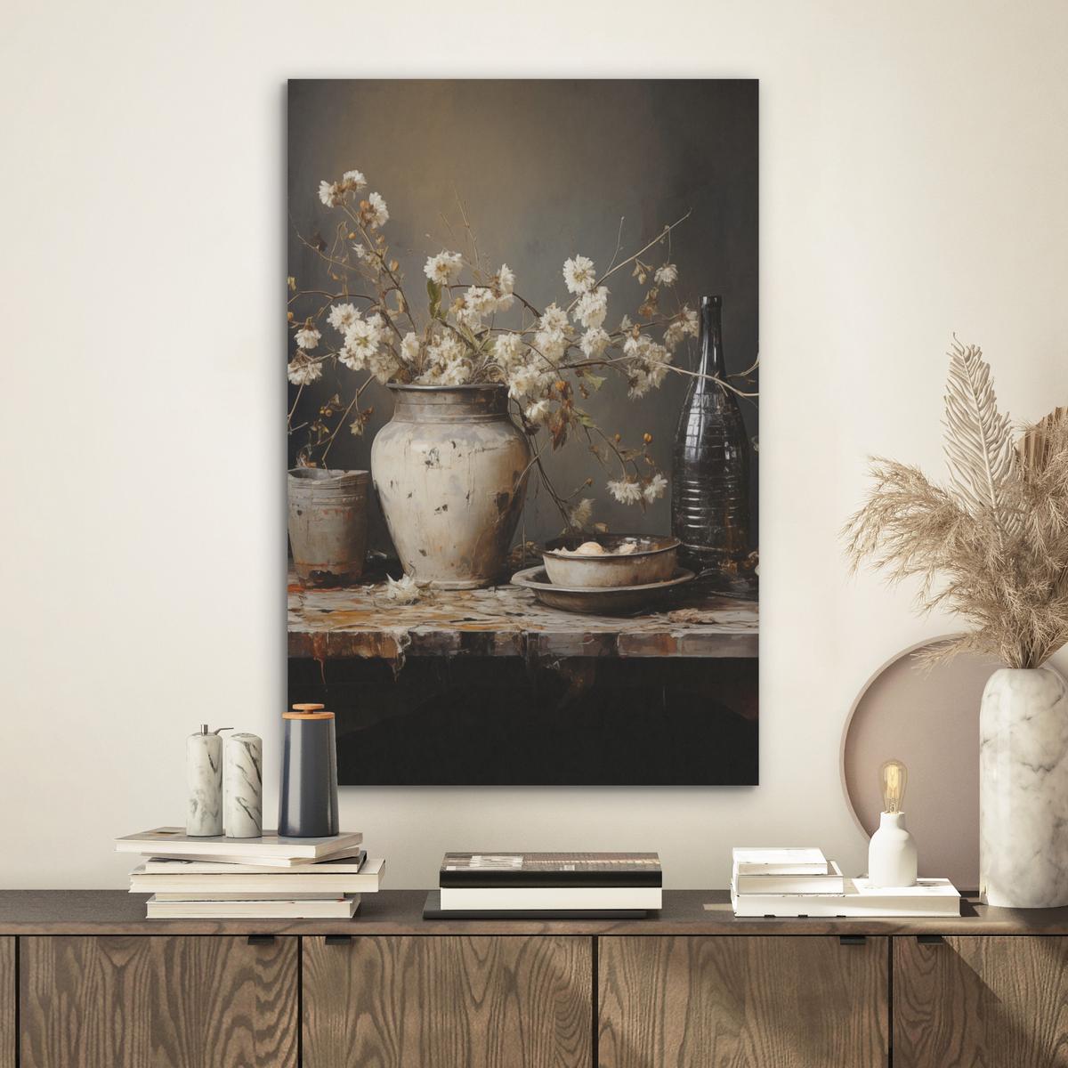AKUSTIKBILD Stilleben - Blumen - Blumenstrauß - Vase - Wein Kunstdruck Schlafzimmer 50x70 cm - Schwarz, Kunststoff (50/70/0.9cm) - MuchoWow