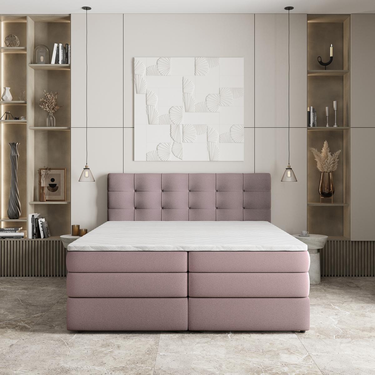 BOXSPRINGBETT AREZI 140x200 cm mit Matratze und Topper - Rosa - Rosa, Holz (140/200cm) - MASSENO