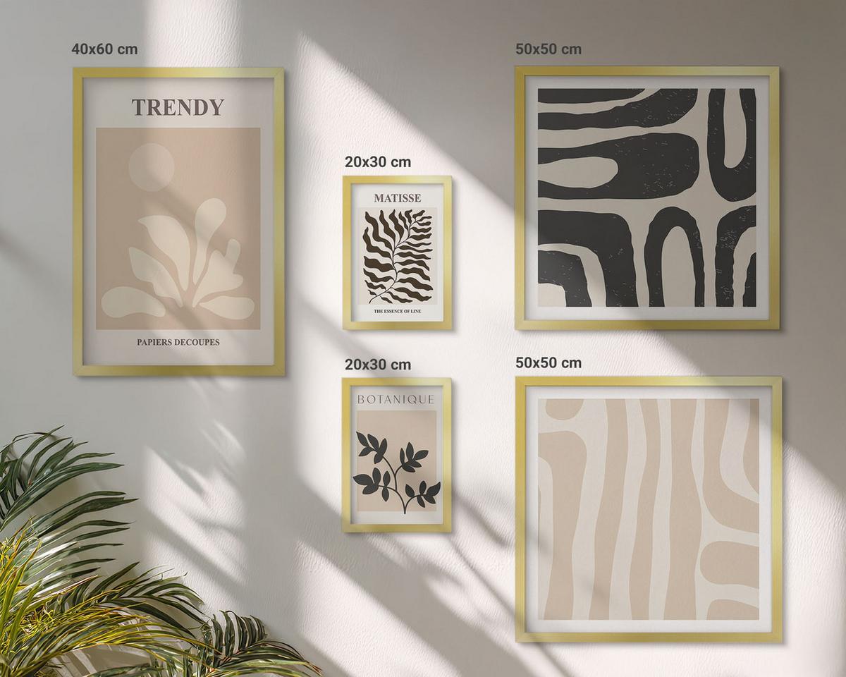 BILDER SET 5er Set - 50x50 cm & 20x30 cm & 40x60 cm Goldrahmen - Stilvolle Pflanzenmuster in Beige und Schwarz - Goldfarben, Kunststoff (40/60cm) - TULUP