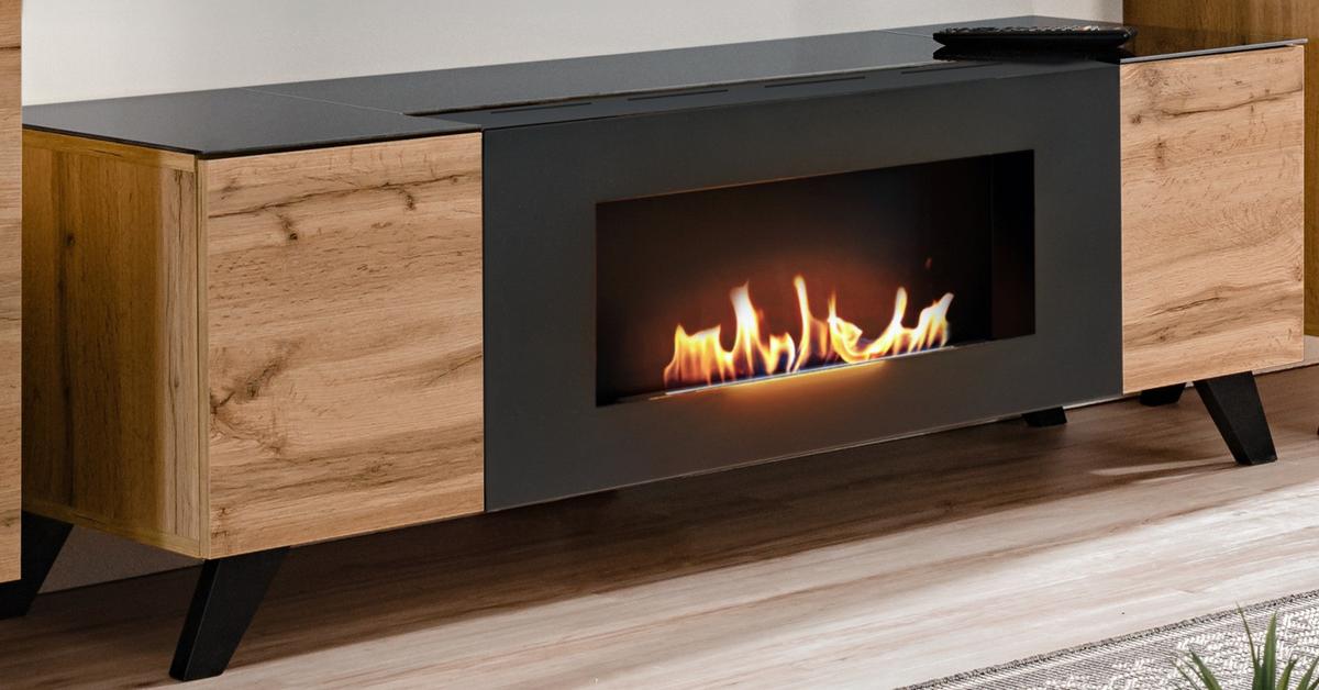 TV-LOWBOARD Wotan Eiche, schwarz 150 cm, TV unterteil mit Kamin - Eichefarben/Schwarz, Holz/Holzwerkstoff (150/47/46cm) - Inn.Furn