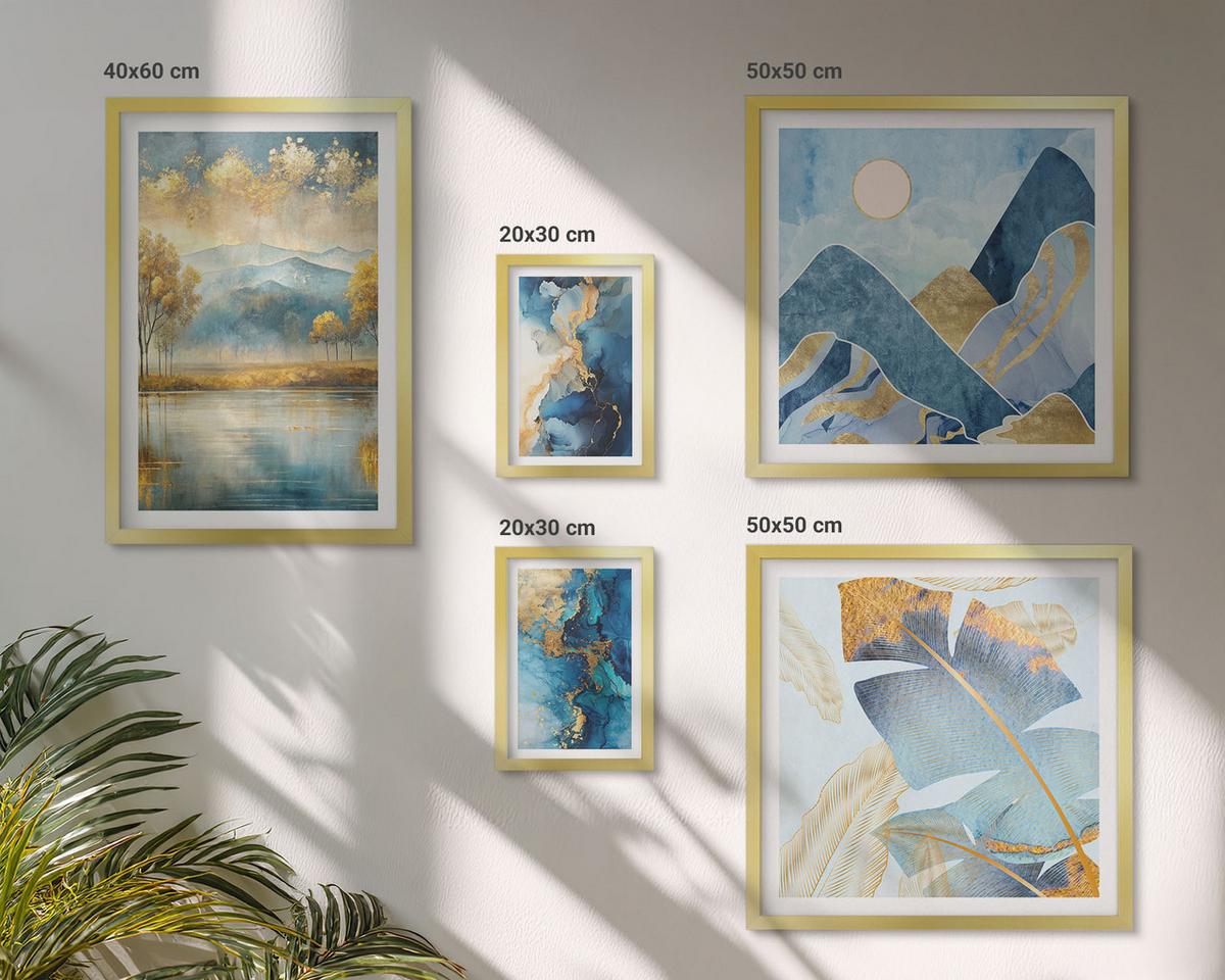 BILDER SET 5er Set - 50x50 cm & 20x30 cm & 40x60 cm Goldrahmen - Goldmuster in den blauen Bergen - Goldfarben, Kunststoff (40/60cm) - TULUP