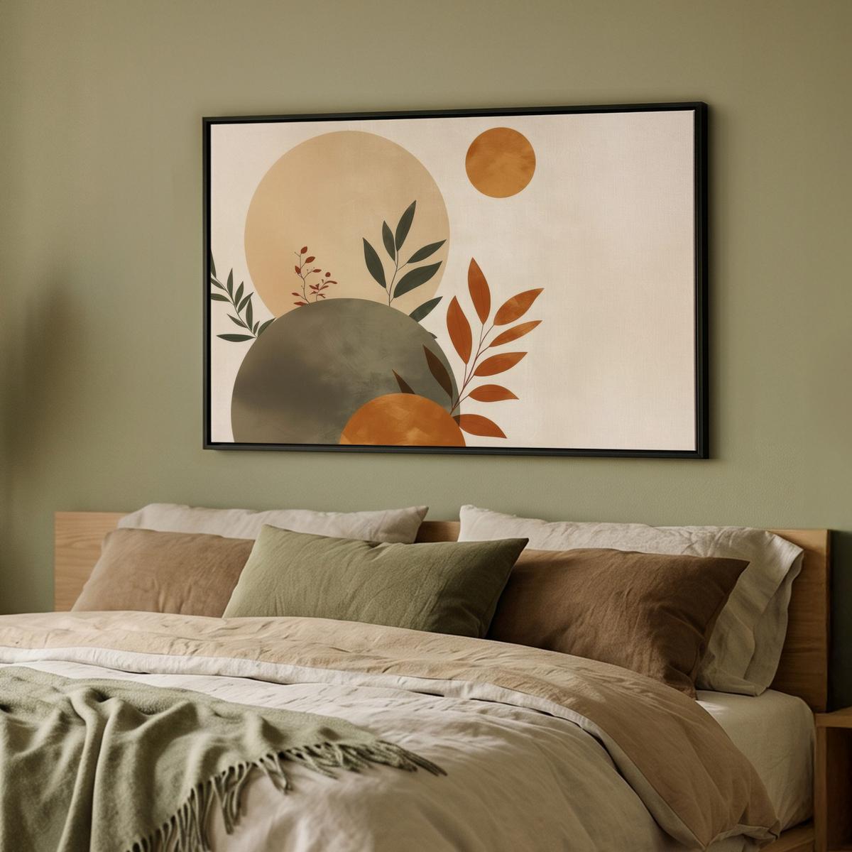 LEINWAND Bilder mit Rahmen - Formen - Rund - Blätter - Beige - 90x60 - Rostfarben, Textil (90/60cm) - MuchoWow