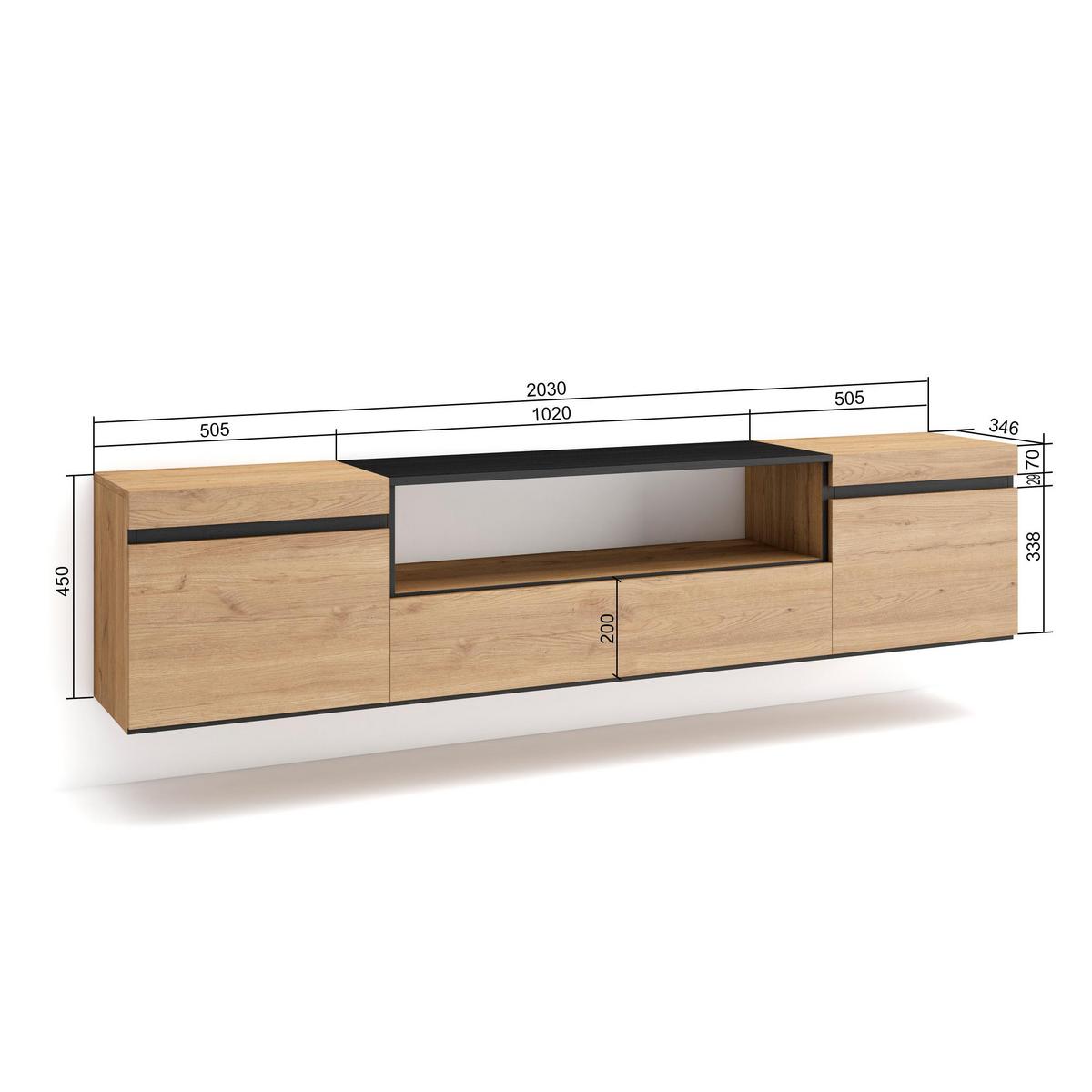 LOWBOARD Hängend, Eiche, Schwarz, 200/35/45cm - Eichefarben, Holzwerkstoff (200/45/35cm) - Skraut Home