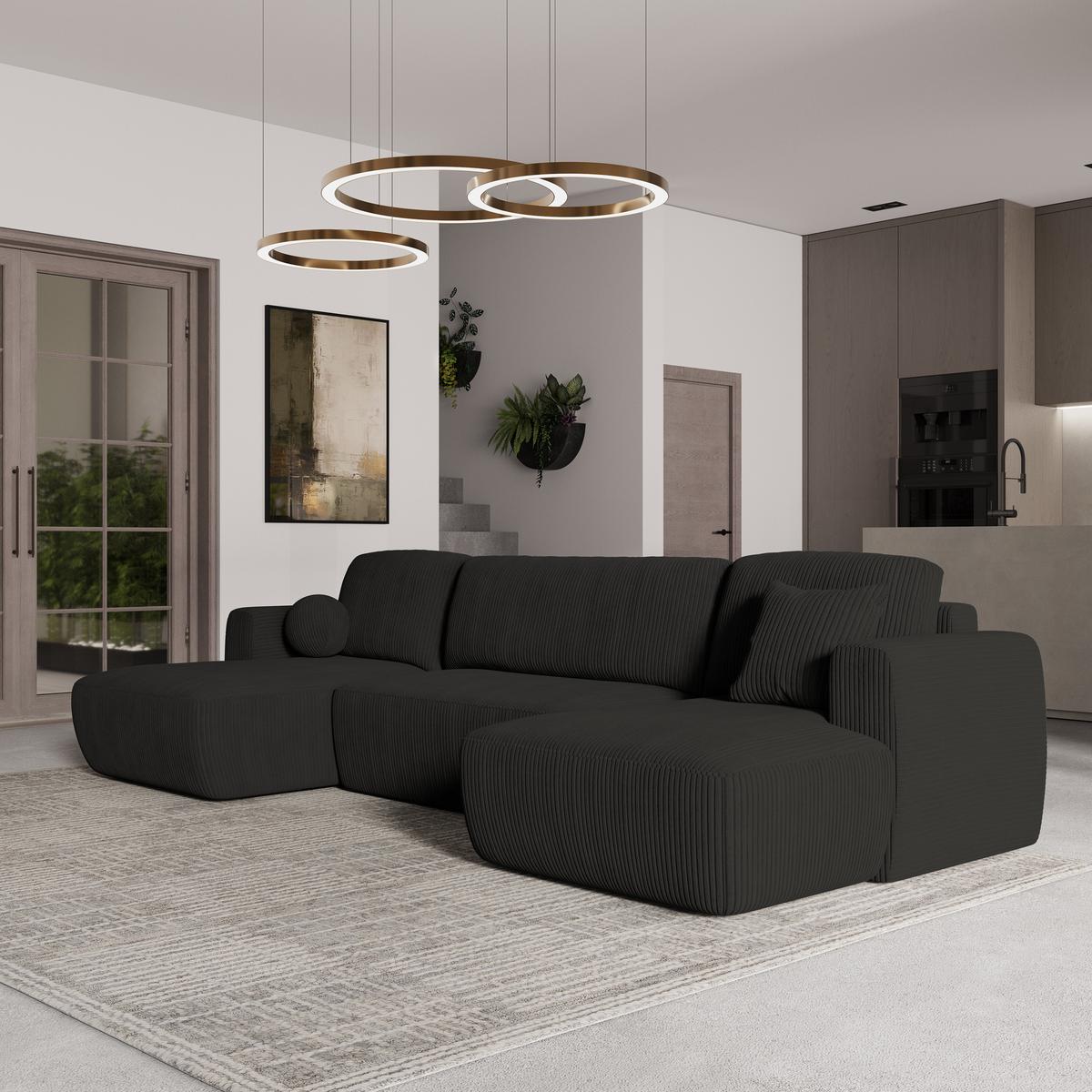 WOHNLANDSCHAFT SENTUM P Schwarz Kordstoff mit Schlaffunktion - Schwarz, Holz/Kunststoff (330/90/148cm) - MASSENO