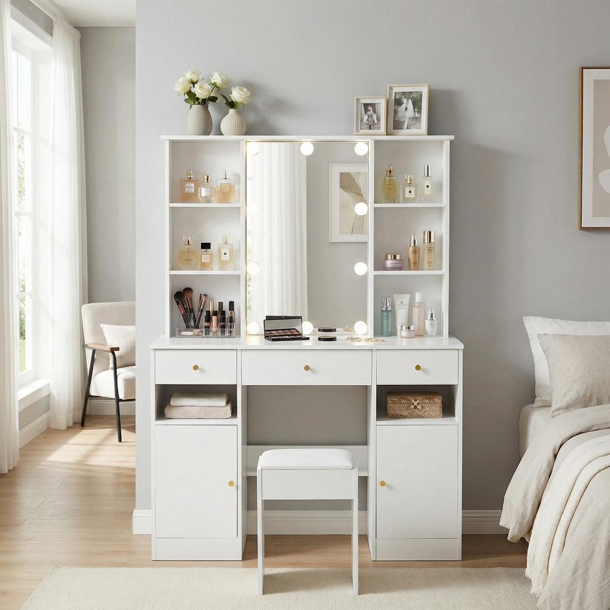 SCHMINKTISCH in Weiß mit Hollywood-LED & Spiegel - Weiß, Holzwerkstoff (110/151/40cm) - Urban Meuble