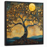 LEINWAND Bilder mit Rahmen - Baum - Mond - Blumen - Gold - Kunst - 50x50 - Orange, Textil (50/50cm) - MuchoWow