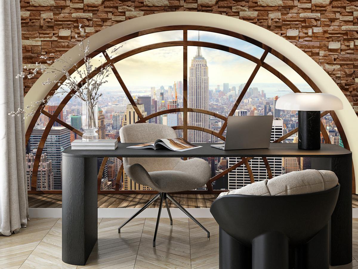 FOTOTAPETE für Wohnzimmer New York Fensterblick Panorama Stadt 150x105 - Beige/Braun, Papier (150/105cm) - Muralo