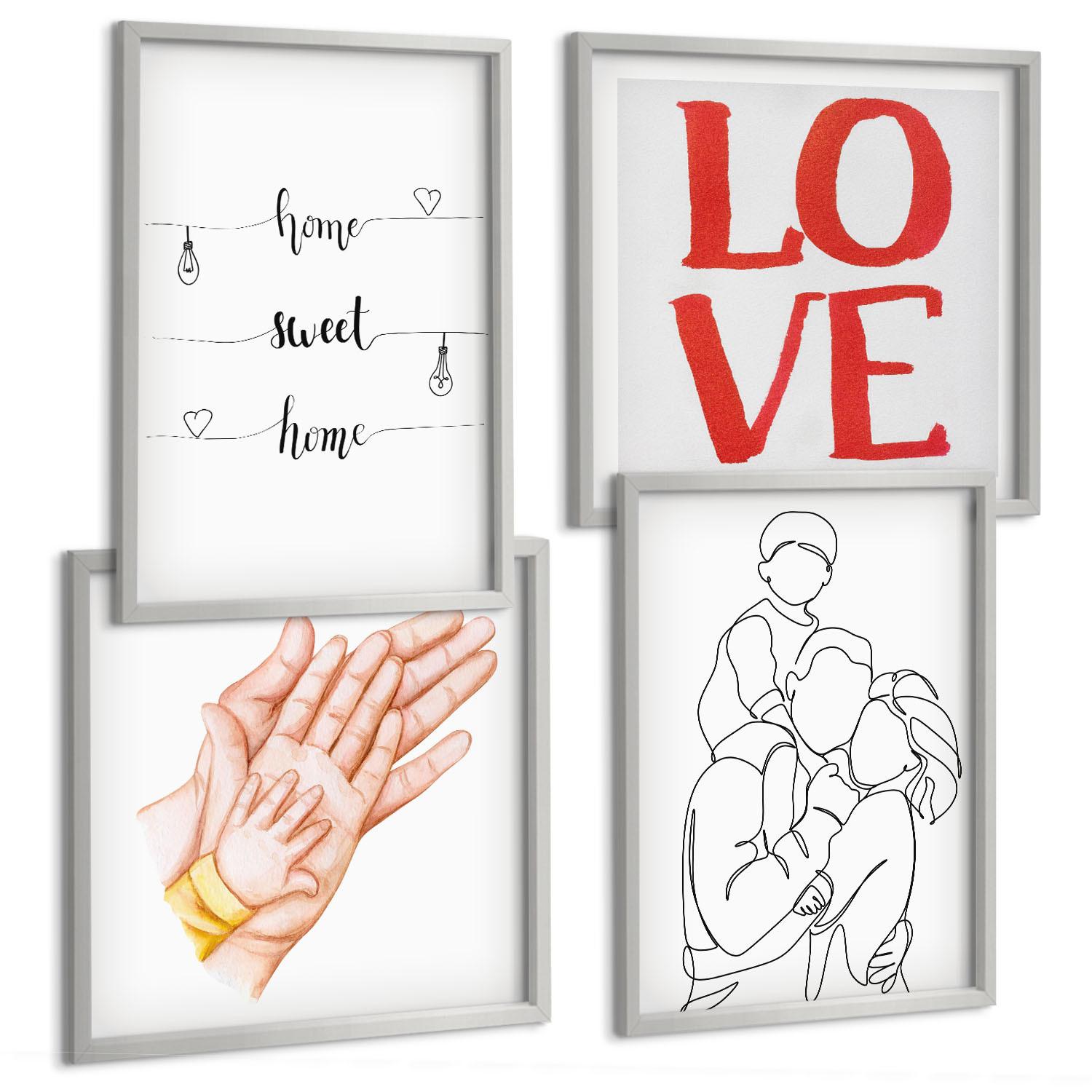 BILDER SET 4er Set - 50x50 cm & 40x60 cm Silberner Rahmen - Familienillustrationen Hausschilder - Silberfarben, Kunststoff (50/50cm) - TULUP