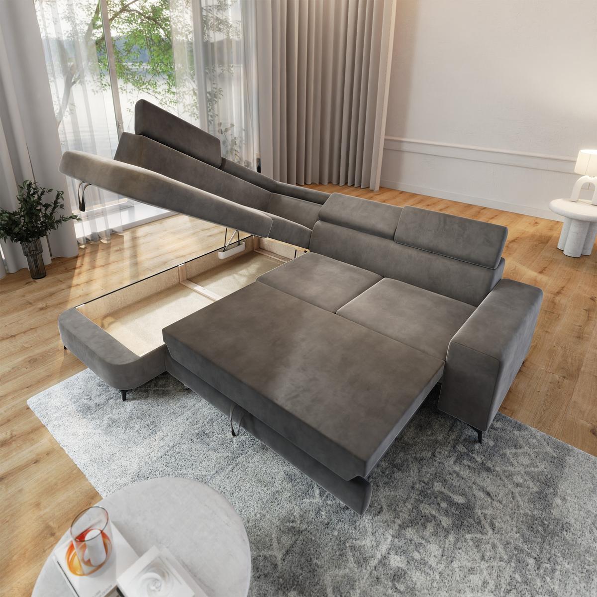ECKSOFA ALVORO L-S Grau Velours-Stoff mit Schlaffunktion - Grau, Holz (253/190cm) - MASSENO