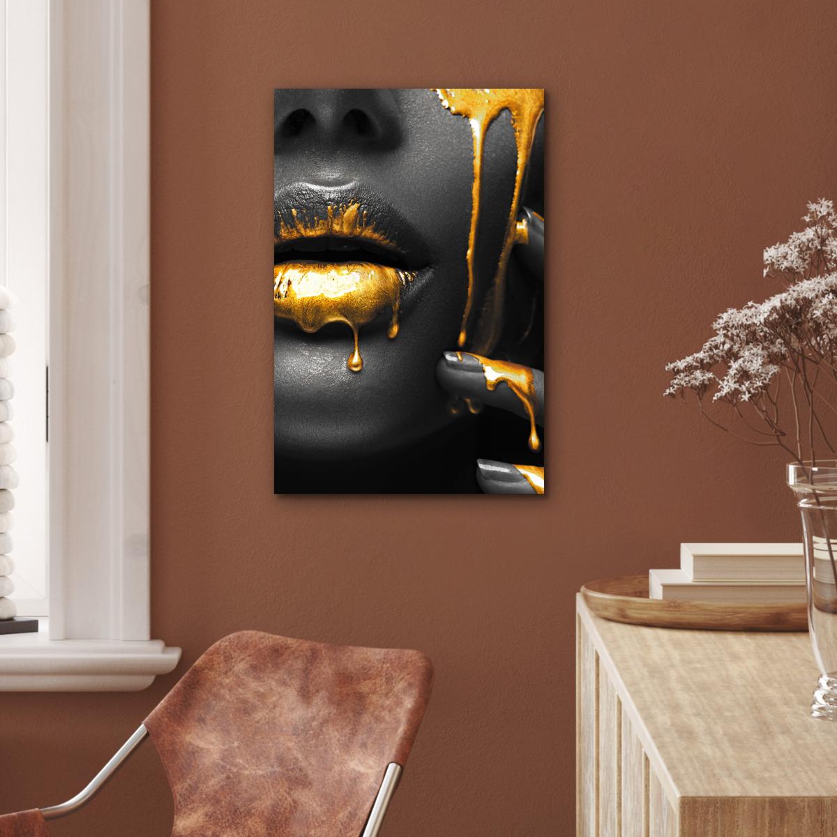 METALLBILD Frau - Schwarz - Gold - Gesicht - Lippen Deko Schlafzimmer 40x60 cm - Goldfarben, Metall (40/60cm) - MuchoWow