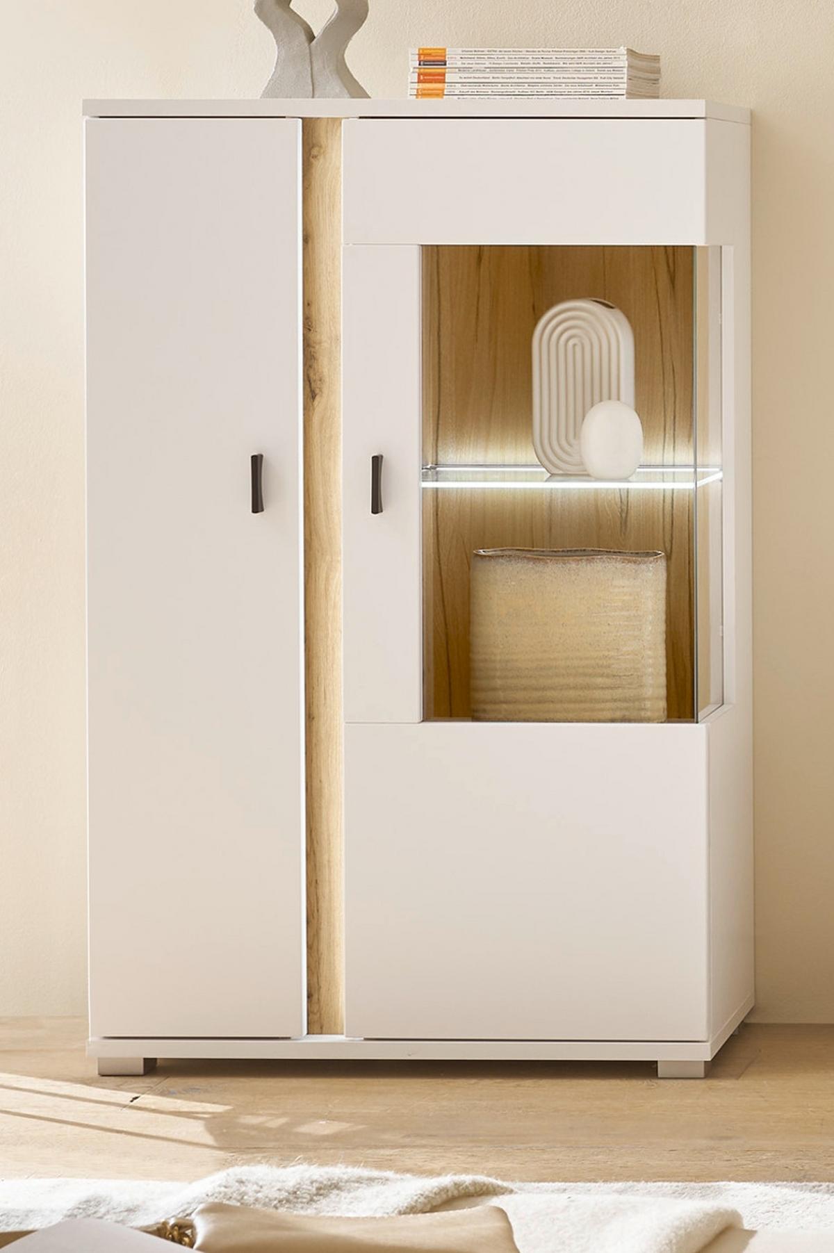 VITRINE weiß matt, Eiche Wotan 80 x 125 cm, Highboard inklusive Frontbeleuchtung - Eiche Wotan/Silberfarben, Glas/Holzwerkstoff (80/125/35cm) - Furn.Design