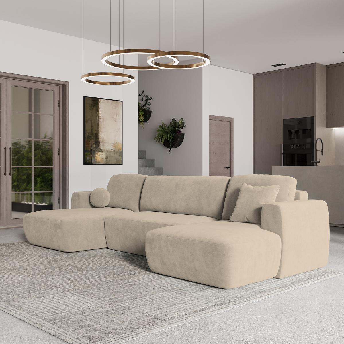 WOHNLANDSCHAFT SENTUM K Beige Plüsch-Stoff mit Schlaffunktion - Beige/Schwarz, Holz/Kunststoff (330/90/148cm) - MASSENO