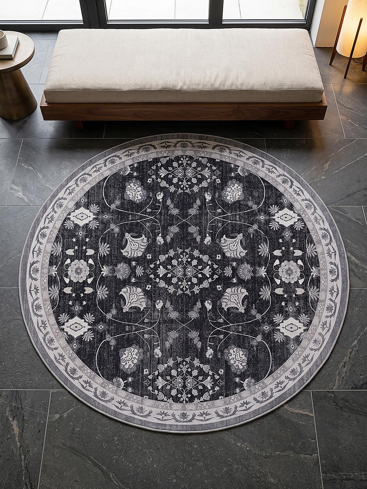 TEPPICH Kurzflor, waschbar, mit floralen Ornamenten, VERNANTE in Schwarz-Creme-Grau, Ø 120 cm - Schwarz, Textil (120/120cm) - KADIMA DESIGN