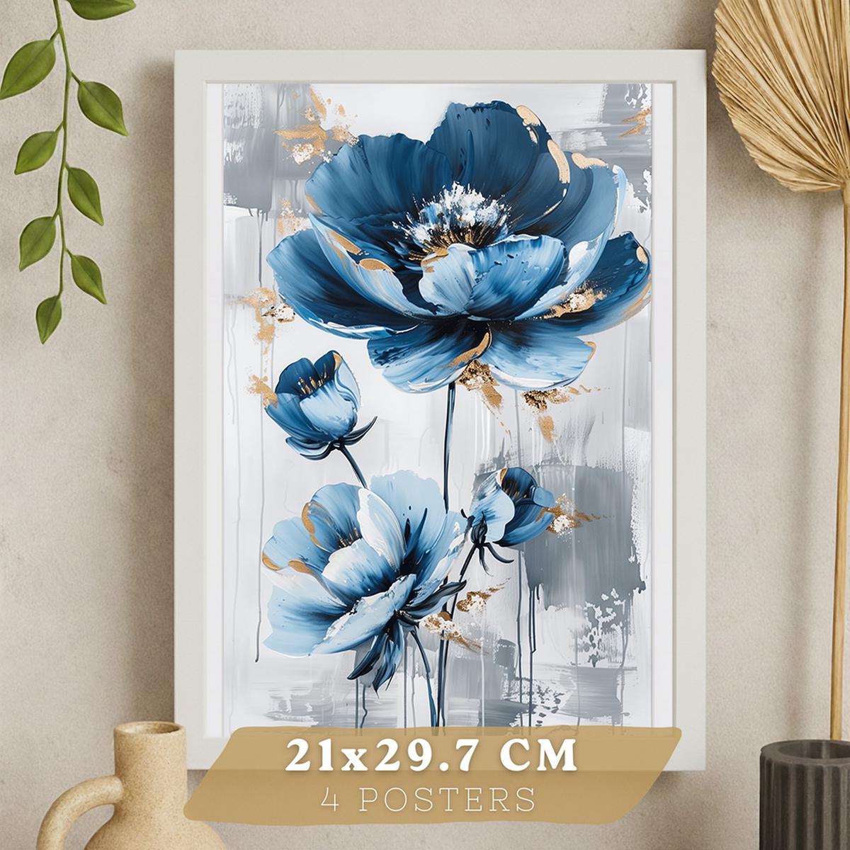 POSTER 4er Kunstdruck-Set Wandbilder Blumen Blau Schmetterlinge modern Wohnzimmer Deko, Schlafzimmer, Küche, Badezimmer Rahmenlos A4 - Weiß, Papier (29.7/1/21cm) - Nacnic