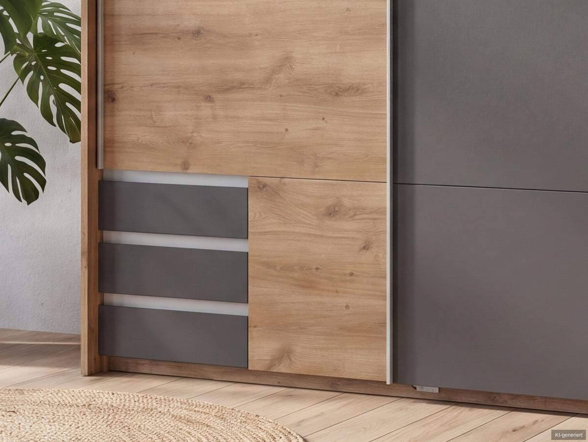 SCHWEBETÜRENSCHRANK 2-türig B183/H200/T65 cm, Passepartout-Kleiderschrank in Eiche Dekor, 1x Tür & sichtbare Schubkästen in Grafit / 22699 - Eichefarben/Graphitfarben, Holz/Holzwerkstoff (183/200/65cm) - luma-home