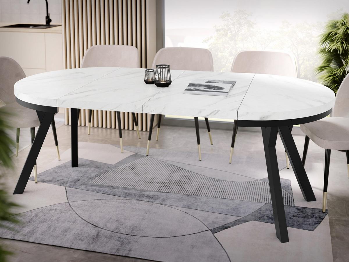 ESSTISCH Lume runder ausziehbarer, Weißer Marmor 90-170/90/76 cm - Ecru/Schwarz, Holz/Holzwerkstoff (90/170/76cm) - WFL GROUP