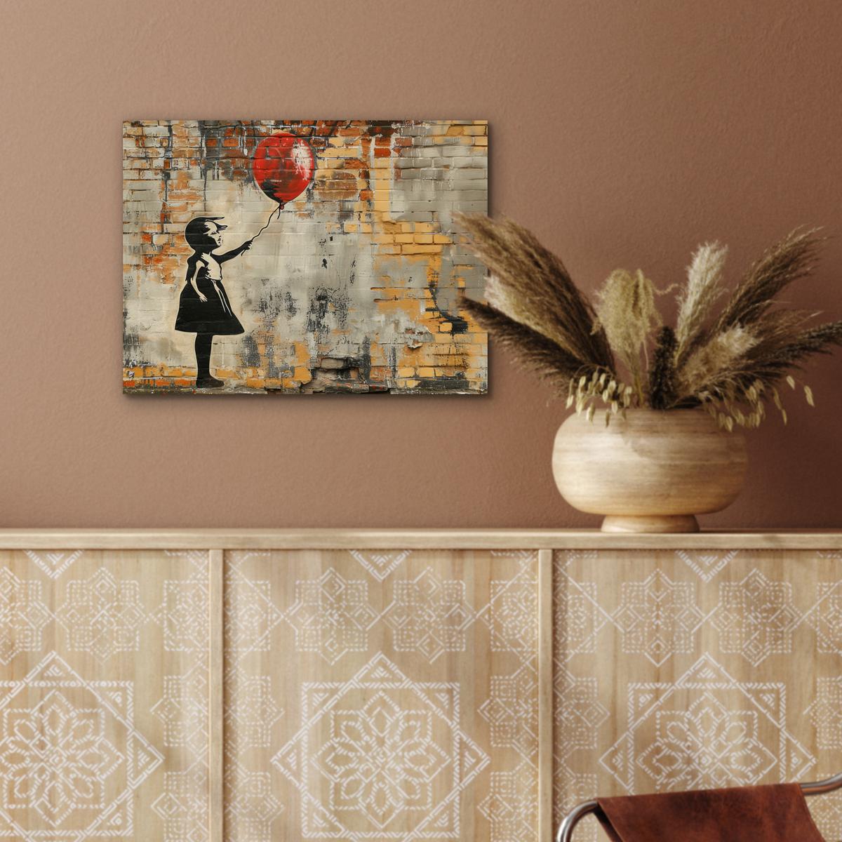 METALLBILD Graffiti - Banksy - Mädchen - Straßenkunst 40x30 cm - Sandfarben, Metall (40/30cm) - MuchoWow
