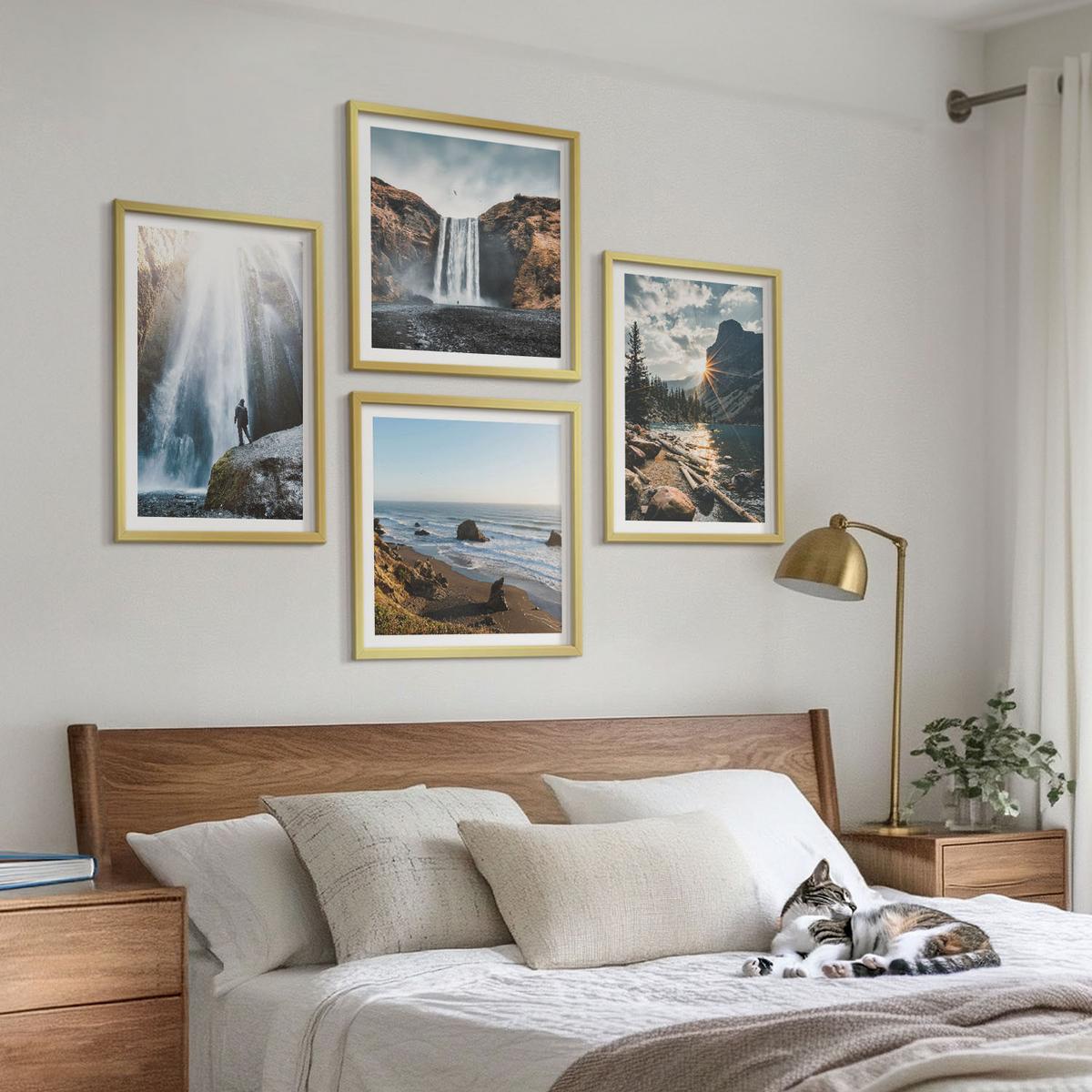BILDER SET 4er Set - 50x50 cm & 40x60 cm Goldrahmen - Wasserfälle, Berge, Landschaften, Natur - Goldfarben, Kunststoff (50/50cm) - TULUP