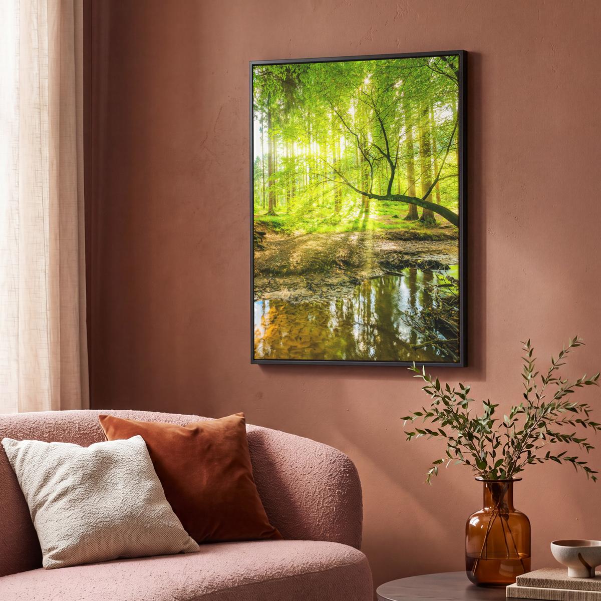 LEINWAND Bilder mit Rahmen - Wald - Landschaft - Wasser - Bäume - Sonne - Grün - Natur - 70x100 - Grün, Textil (70/100cm) - MuchoWow