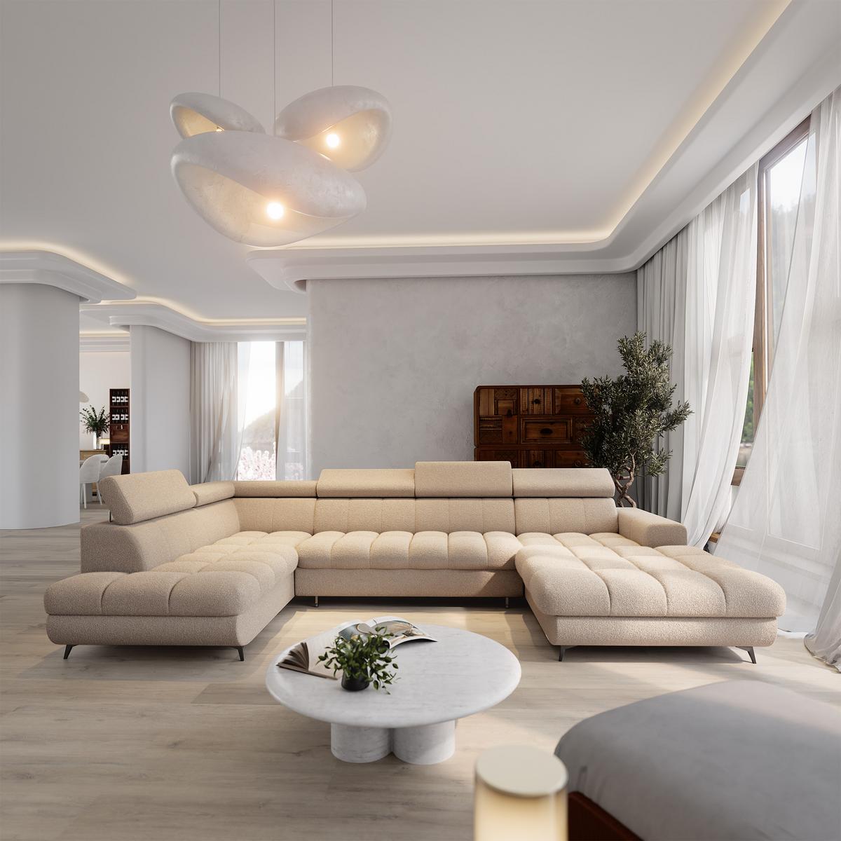 WOHNLANDSCHAFT CORENO Beige Boucle-Stoff mit Schlaffunktion - Beige, Holz (345/88/190cm) - MASSENO
