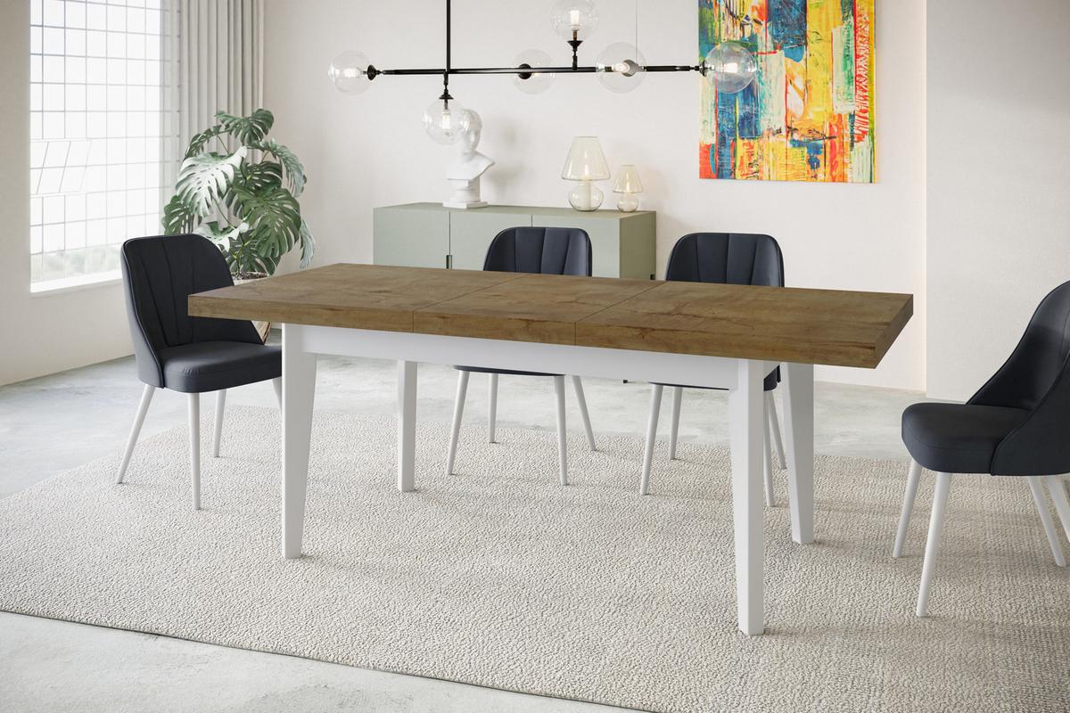 RECHTECKIGER Esszimmertisch SKANDI, ausziehbarer Tisch, Größe: 140-180X80X78 cm, Wohnzimmertisch Farbe: LEFKAS, mit Holzbeinen in Farbe Weiß - Dunkelbraun/Weiß, Holzwerkstoff (140/80/78cm) - Alpi-Möbel