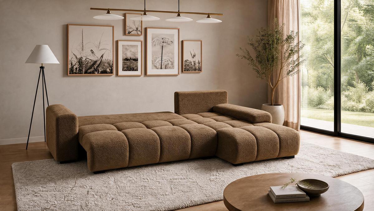 ECKSOFA Ovia mit Bettkasten und Schlaffunktion, Bouclé-Stoff in L-Form - Braun, Textil (270/185cm)