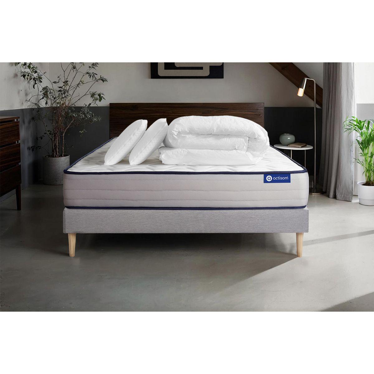 BETT Actilatex form Latex und Memory-Schaum 160 x 200 cm h3 - Kit Bettgestell Grau - Mit Kissen und Bettdecke - Beige/Grau, Karton/Holz (160/200cm) - ACTISOM