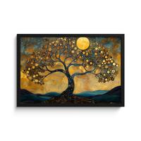 POSTER MIT RAHMENGERAHMTES BILD Baum - Mond - Blumen - Gold - Kunst 60x40 cm - Orange, Papier (60/40cm) - MuchoWow