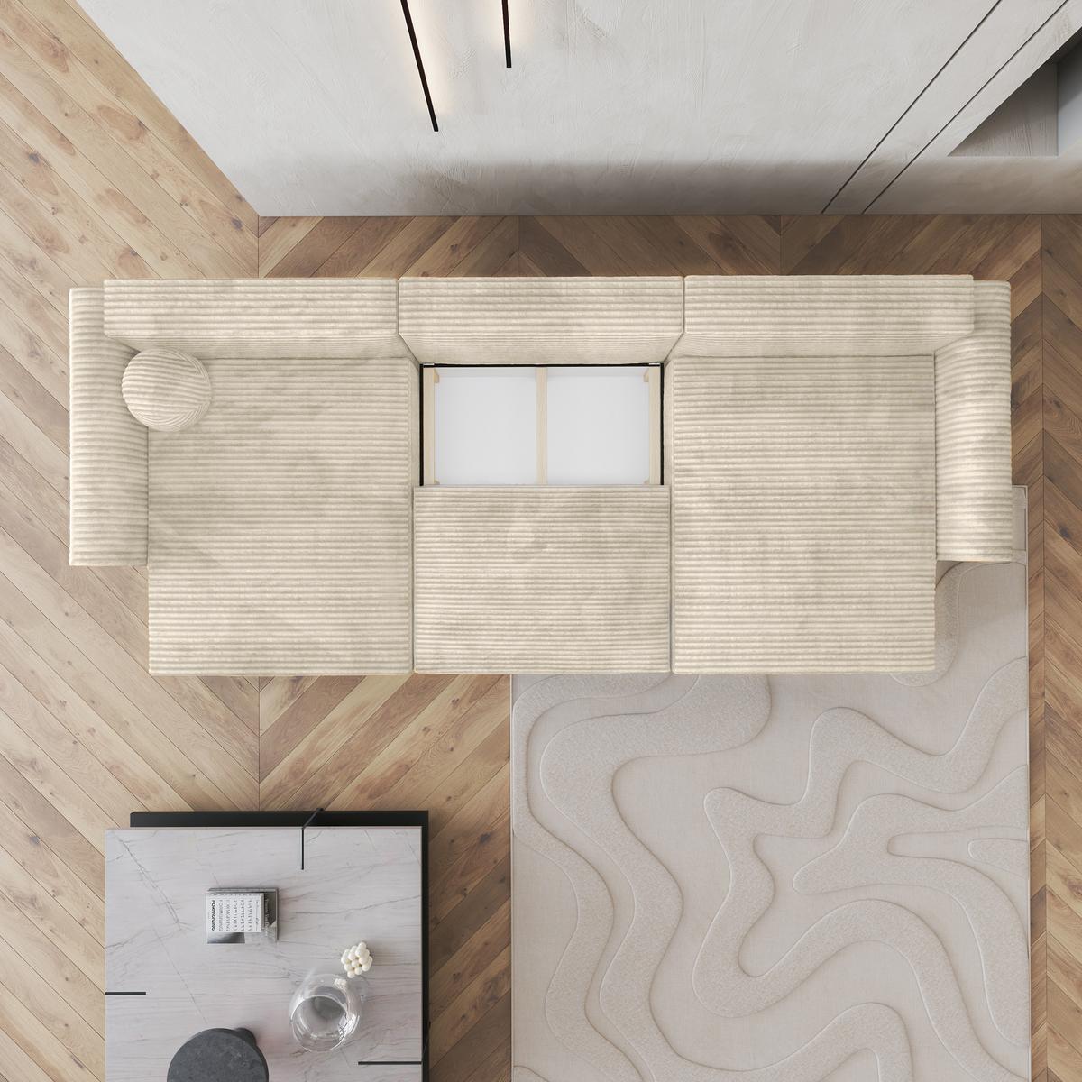 WOHNLANDSCHAFT FENTO Creme Kordstoff mit Schlaffunktion - Creme, Holz (347/90/148cm) - MASSENO