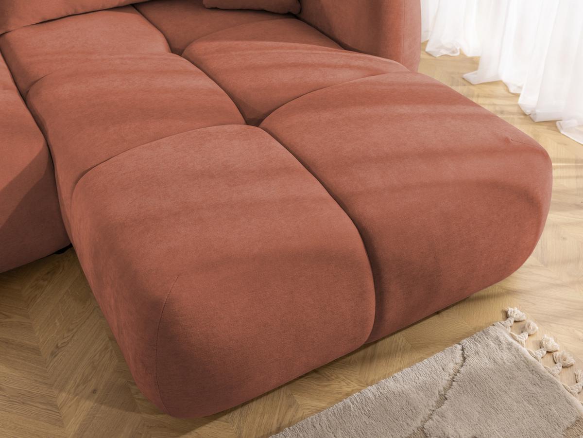 ECKSOFA Loretto aus natürlichem Terrakotta Webstoff mit Schlaffunktion, Bettkasten und tiefen Steppungen in Bubble-Optik - Terracotta/Schwarz, Holz/Kunststoff (275/180cm) - S-Style