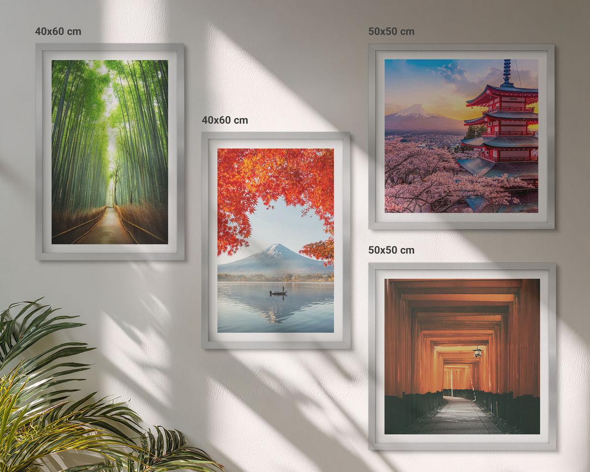 BILDER SET 4er Set - 50x50 cm & 40x60 cm Silberner Rahmen - Fuji-Torii-Bambuswald, Japan - Silberfarben, Kunststoff (50/50cm) - TULUP