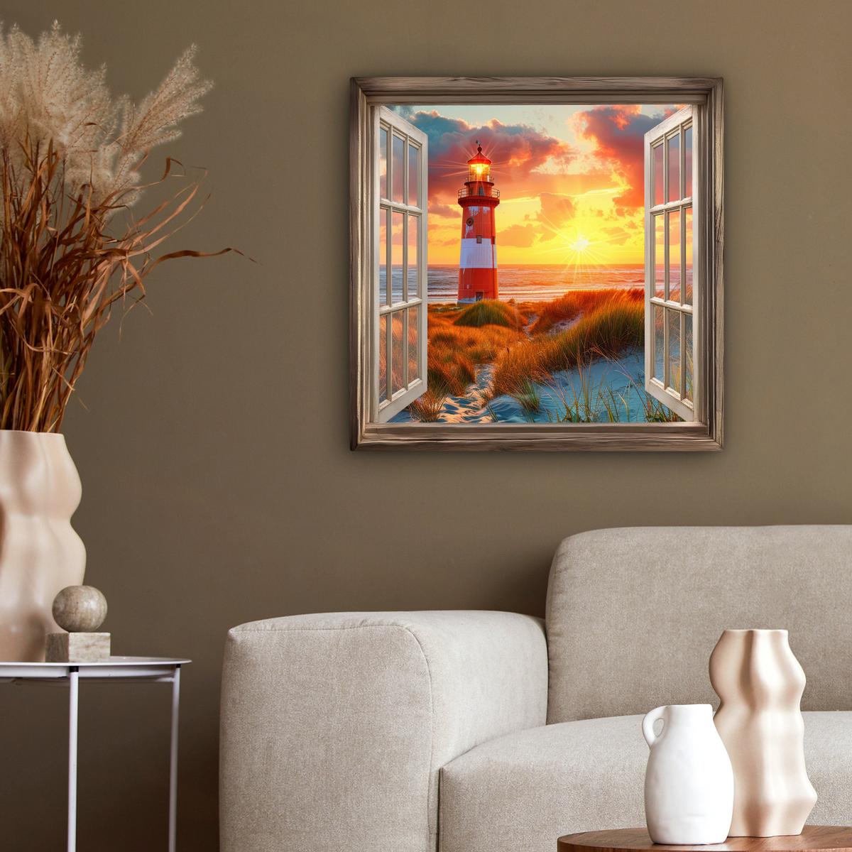 LEINWANDBILD Aussicht - Fenster - Leuchtturm - Sonnenuntergang - Strand Wandbild Wohnzimmer 50x50 cm - Dunkelorange, Textil (50/50cm) - MuchoWow