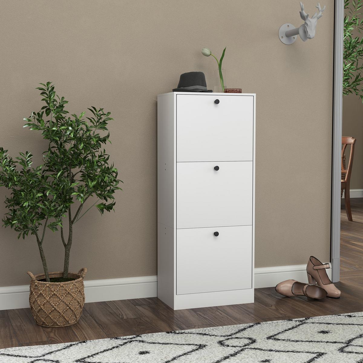 SCHUHSCHRANK mit 3 Klappen, 47 x 28 x 115 cm, Weiß - Weiß, Holzwerkstoff (28/115/47cm) - HOMCOM