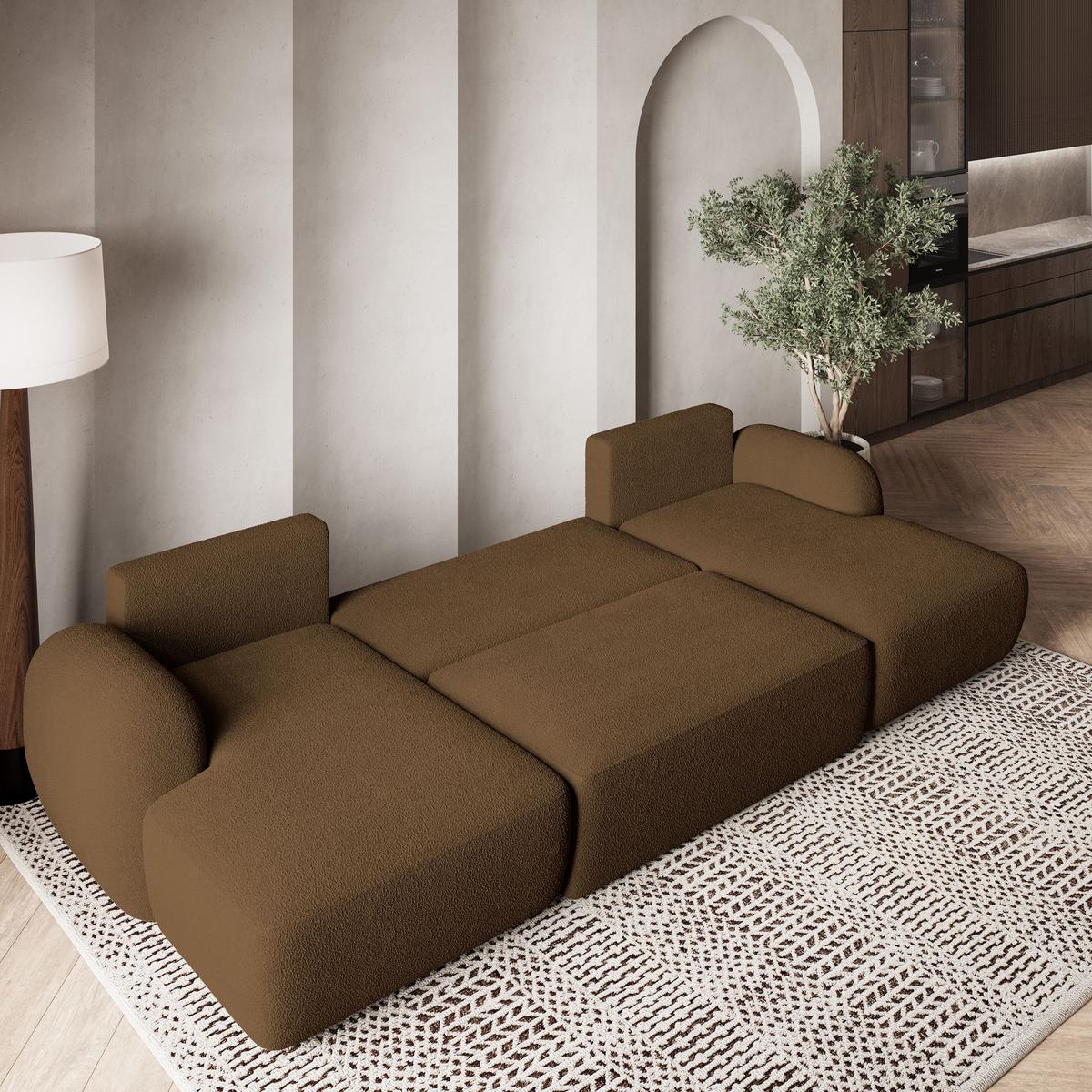WOHNLANDSCHAFT SAVONA N Braun Boucle-Stoff mit Schlaffunktion - Schwarz/Braun, Holz/Kunststoff (320/90/148cm) - MASSENO