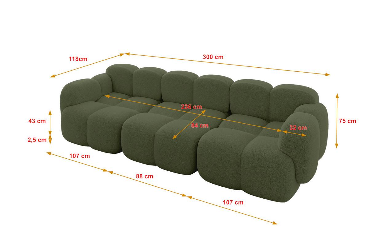 3-SITZER modulares Sofa Miko-S2 300x118x75 cm Grün Bouclé - Smaragdgrün/Schwarz, Holzwerkstoff/Kunststoff (300/75/118cm) - ALTDECOR