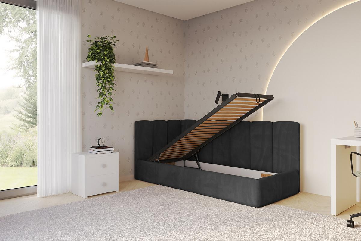 EINZELLBETT Jugendbett mit Bettkasten, Rechts - DEXY 80x200 Schwarz - Anthrazit, Holzwerkstoff/Textil (80/200cm) - ALTDECOR