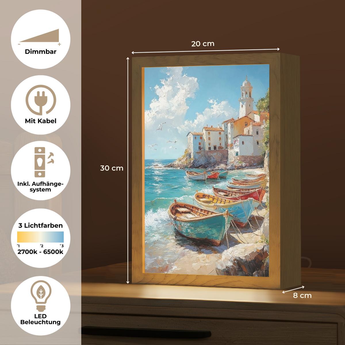 WANDLEUCHTE Boote - Felsen - Meer - Sonne 20x30 cm - Blau, Holzwerkstoff (20/30/8cm) - OnlyWow