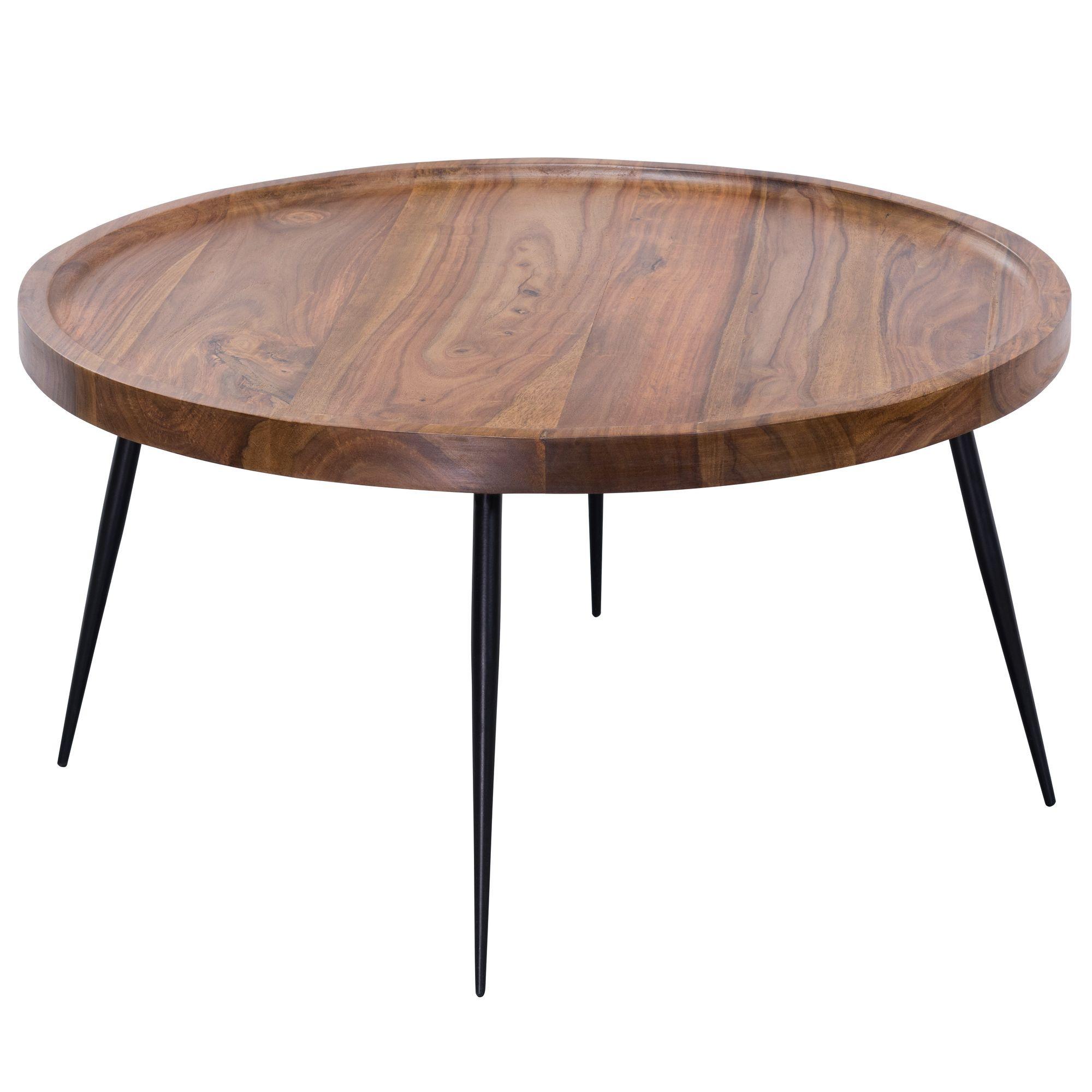 COUCHTISCH Sheesham Massivholz Rund 75x39x75 cm, Retro Braun Metall - Schwarz/Braun, Holz/Metall (75/75/39cm) - KADIMA DESIGN