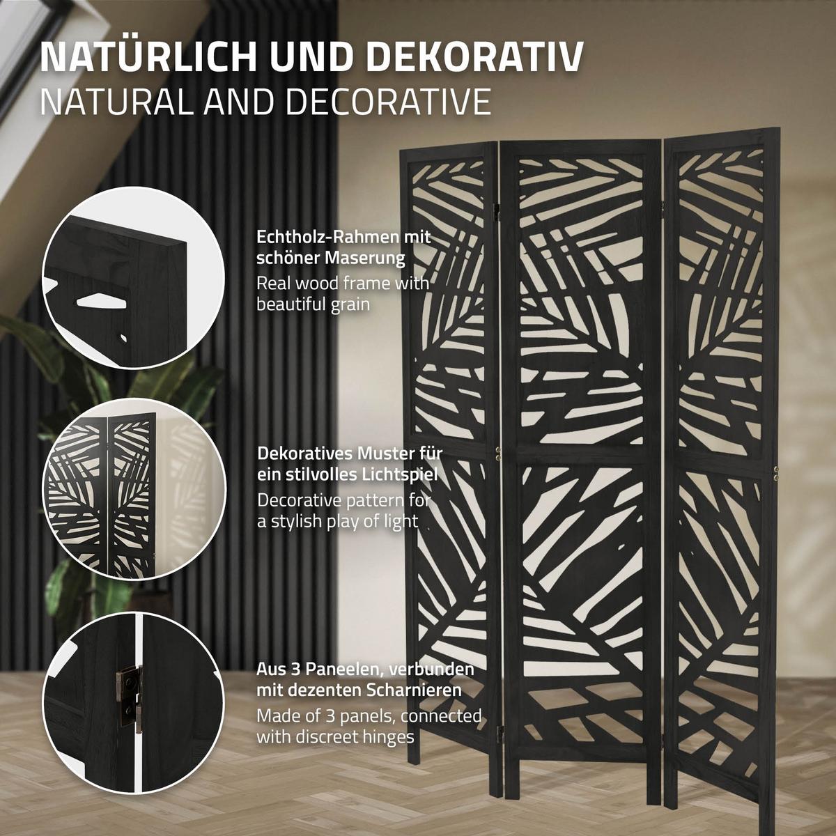 PARAVENT 3 teilig Kyoto 170x121 cm Schwarz aus Holz - Schwarz, Holz (121/170/2cm) - ML-DESIGN