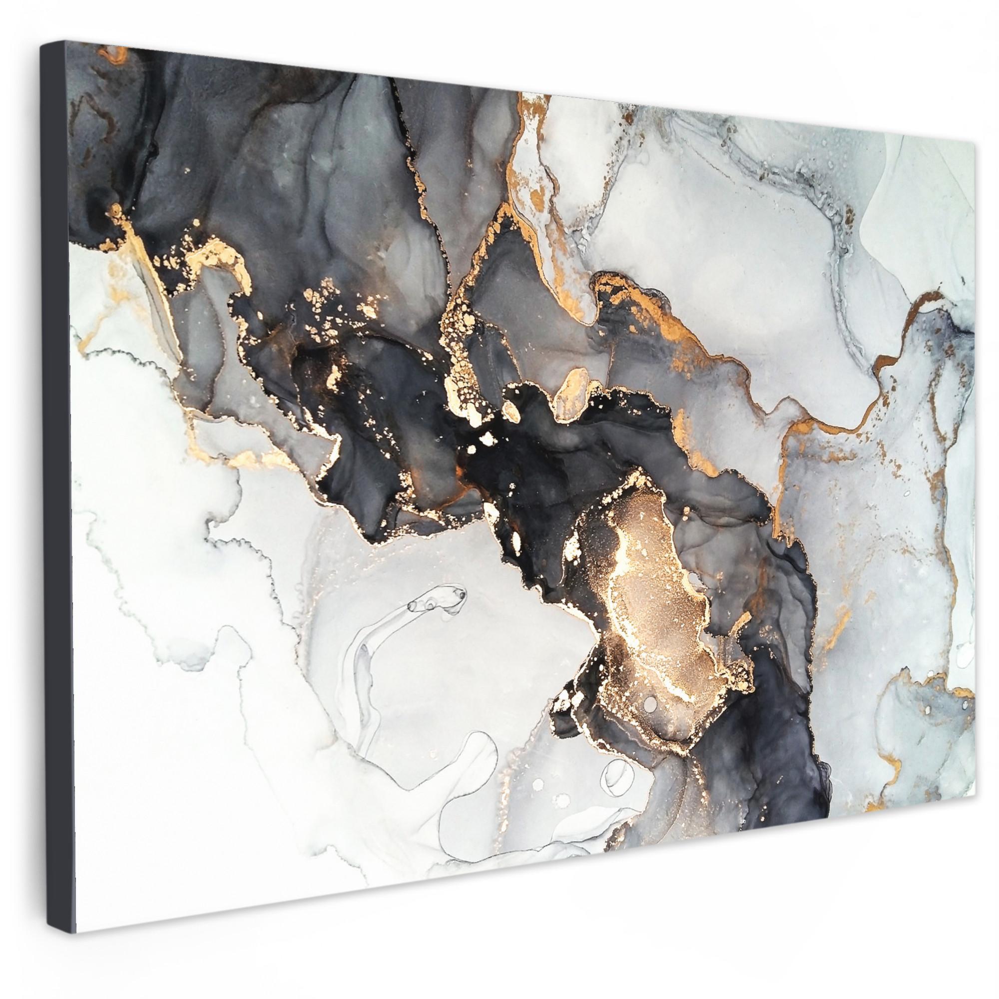 LEINWANDBILD Marmor - Schwarz - Weiß - Gold - Luxus - Abstrakt Wanddeko 90x60 cm - Goldfarben, Textil (90/60cm) - MuchoWow