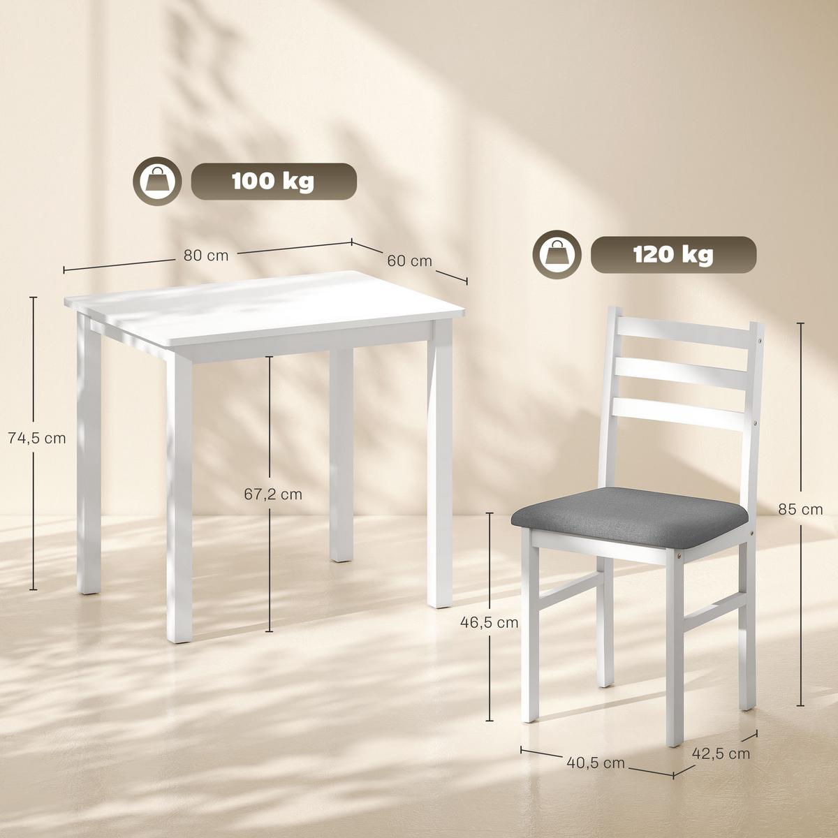ESSGRUPPE 3er Set Kautschukholz MDF Weiß - Weiß/Grau, Holz/Textil (60/74.5/80cm) - HOMCOM