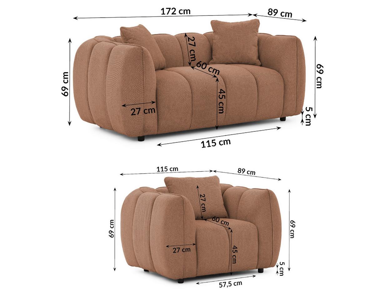SITZGARNITUR 2+1 Nubira in tief gesteppter Bubble-Optik aus weichem Terrakotta Strukturstoff im modernen Design - Terracotta/Schwarz, Holz/Kunststoff (172/69/89cm) - S-Style Möbel