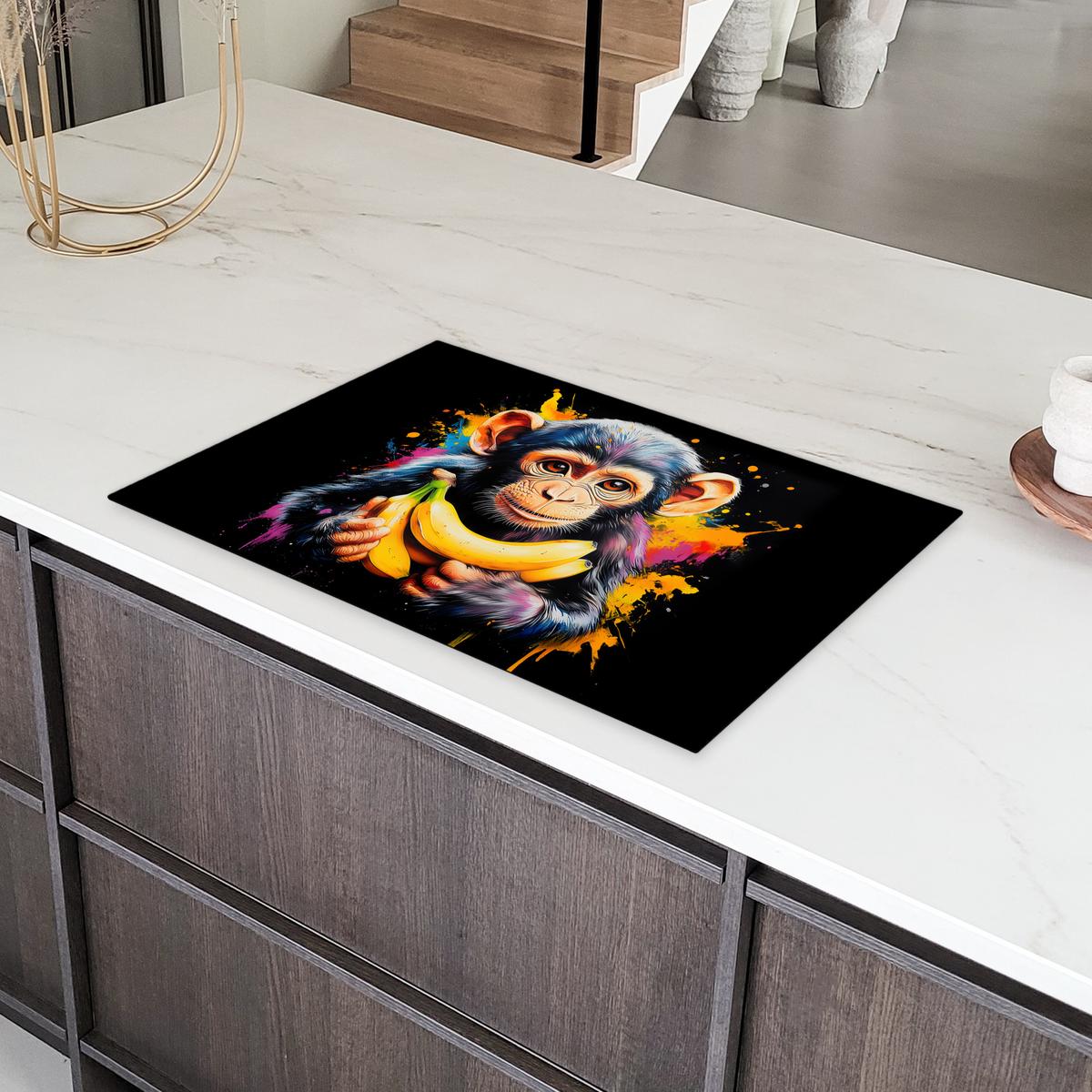 HERDABDECKPLATTE Affe - Graffiti - Farbenfroh - Bananen - Modern Abdeckung Ceranfeld 81.2x52 cm - Gelb, Kunststoff (81.2/52/0.2cm) - MuchoWow