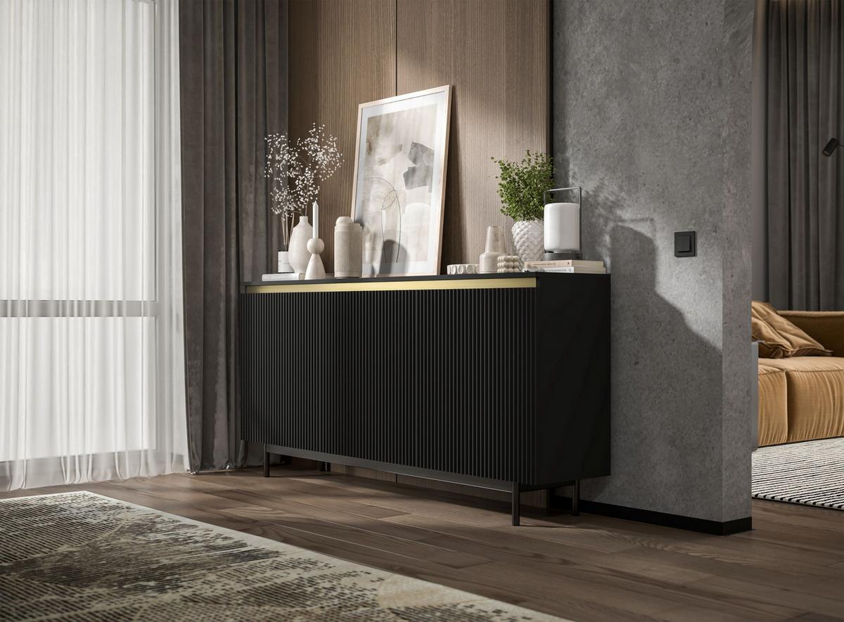 KOMMODE Selene 3D Schwarz matt 167 cm mit schwarzem Metallrahmen - Schwarz, Holzwerkstoff/Metall (166.8/79/35cm) - Meble Lindner