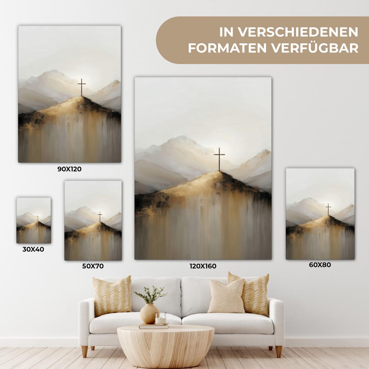 LEINWANDBILD Hügel - Abstrakt - Kreuz - Christentum Wandbild Wohnzimmer 60x80 cm - Beige, Textil (60/80cm) - MuchoWow