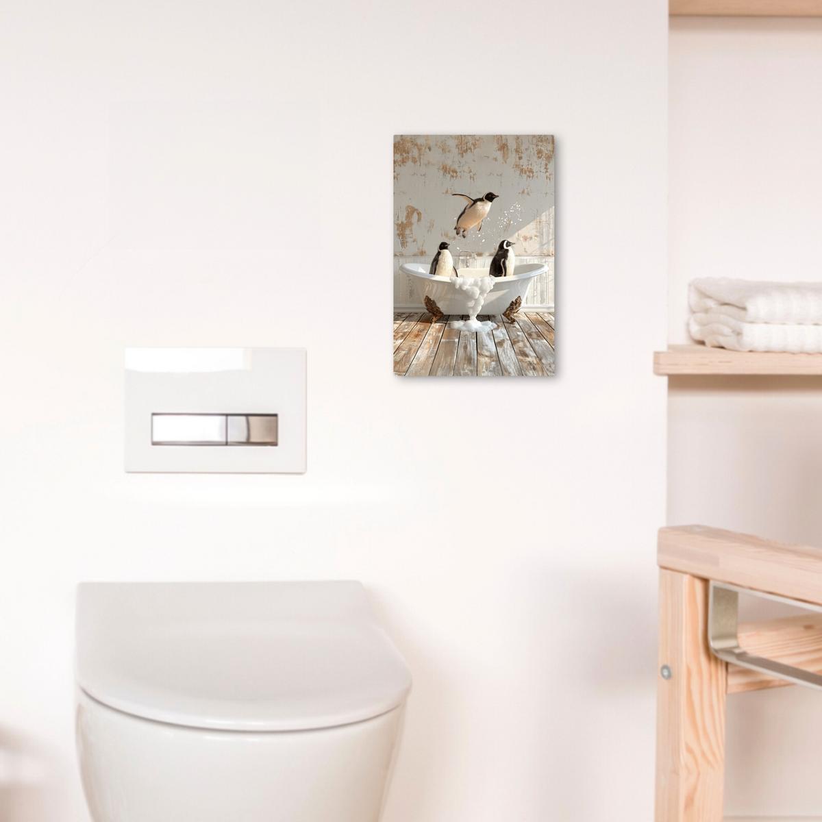 LEINWANDBILD Vintage - Pinguin - Badewanne - Schaumstoff Deko Wohnzimmer 20x30 cm - Schwarz, Textil (20/30cm) - MuchoWow
