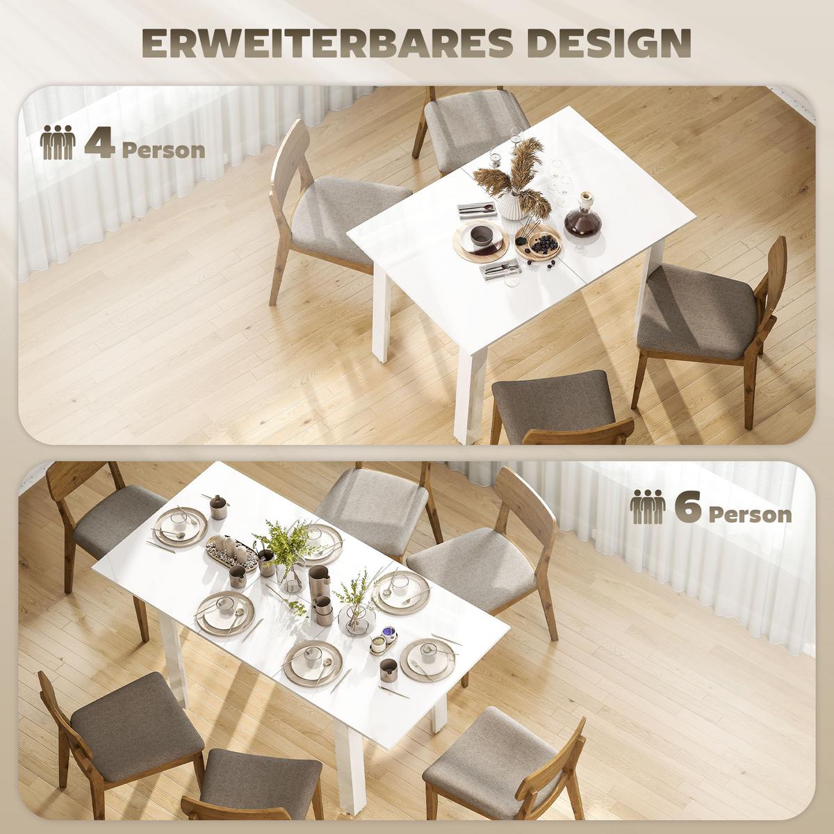 ESSTISCH ausziehbar 120-160 x 80 cm Küchentisch für 4-6 Personen, Hochglanzweiß - Weiß Hochglanz, Holzwerkstoff (160/80/78cm) - HOMCOM