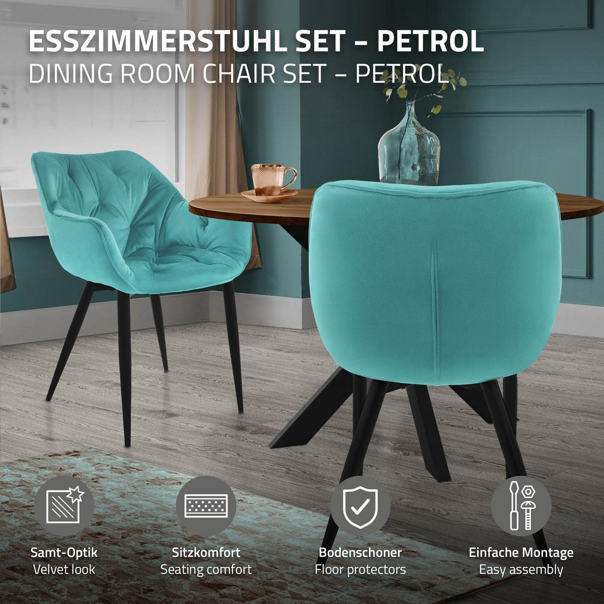 ESSZIMMERSTÜHLE 4er Set Petrol Samt - Blau/Schwarz, Metall (67/83/59cm) - ML-DESIGN
