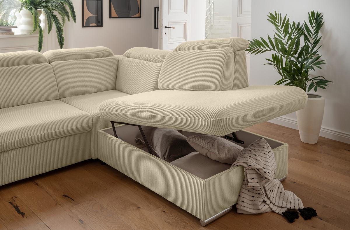 ECKSOFA mit Schlaffunktion, Bettkasten, Kopfstützen verstellbar, Wellenunterfederung, Ottomane rechts B283/T228/H102 cm, Cord Beige Grau / 17216 - Chromfarben/Greige, Textil/Metall (283/228cm) - luma-home