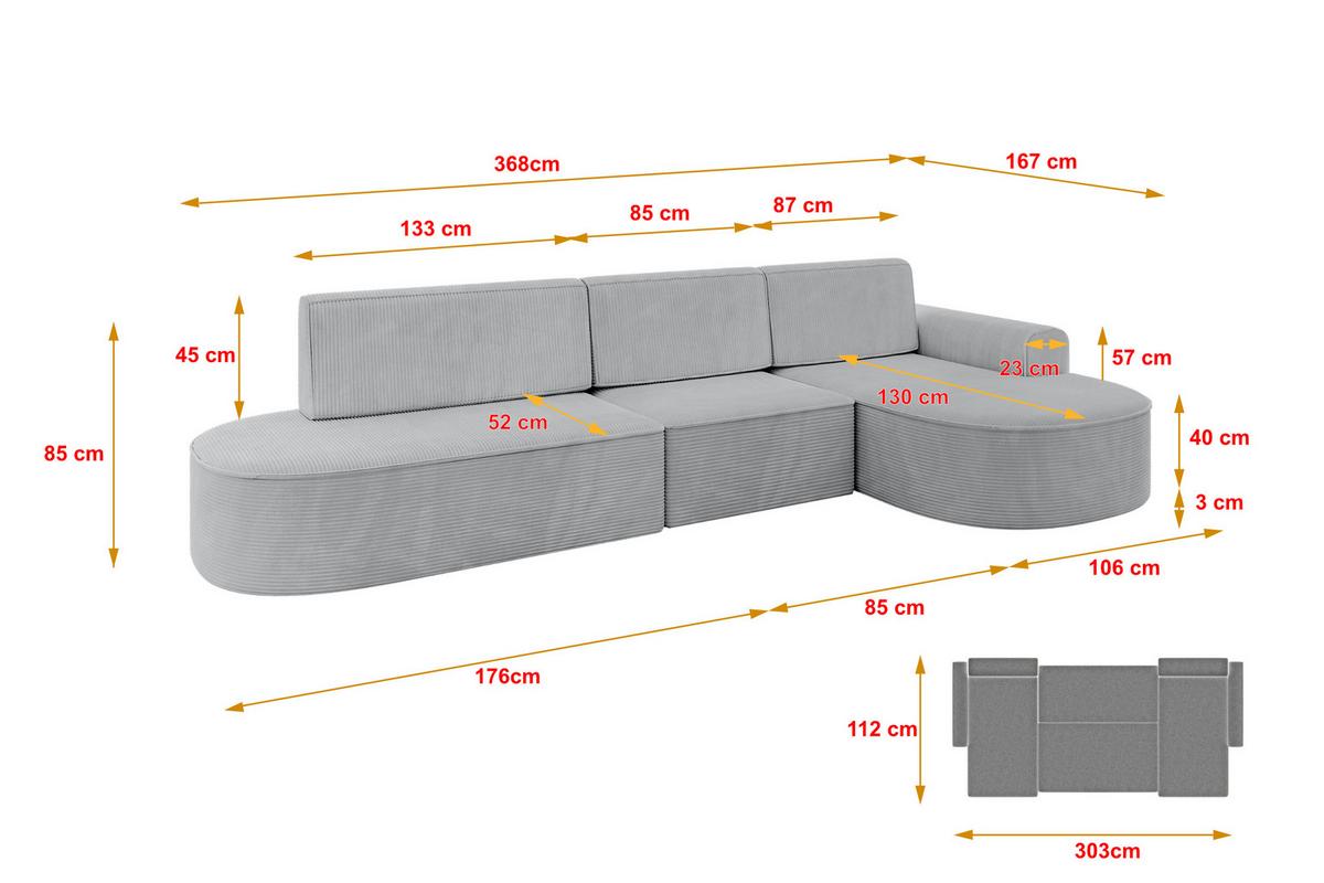 ECKSOFA mit Schlaffunktion Ottomane RECHTS MARI L2-S 368X167X85 Grau Cord - Alufarben/Schwarz, Holzwerkstoff/Kunststoff (167/368cm) - ALTDECOR